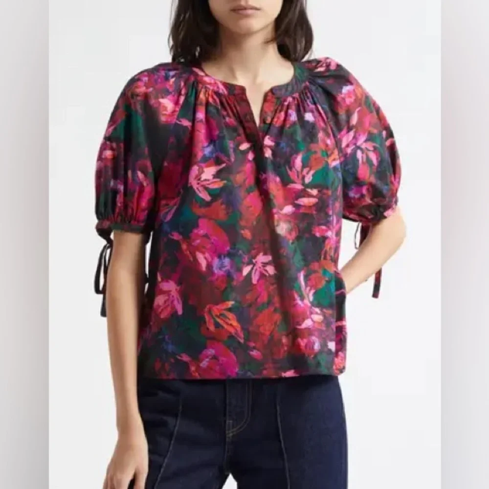$290 Ulla Johnson Vienne Floral Puff-Sleeve Blouse size 0
